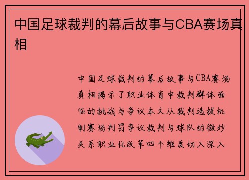 中国足球裁判的幕后故事与CBA赛场真相