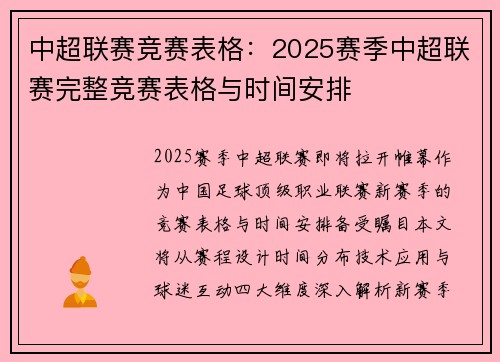 中超联赛竞赛表格：2025赛季中超联赛完整竞赛表格与时间安排