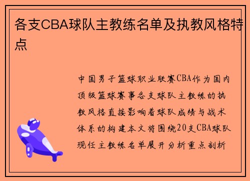 各支CBA球队主教练名单及执教风格特点